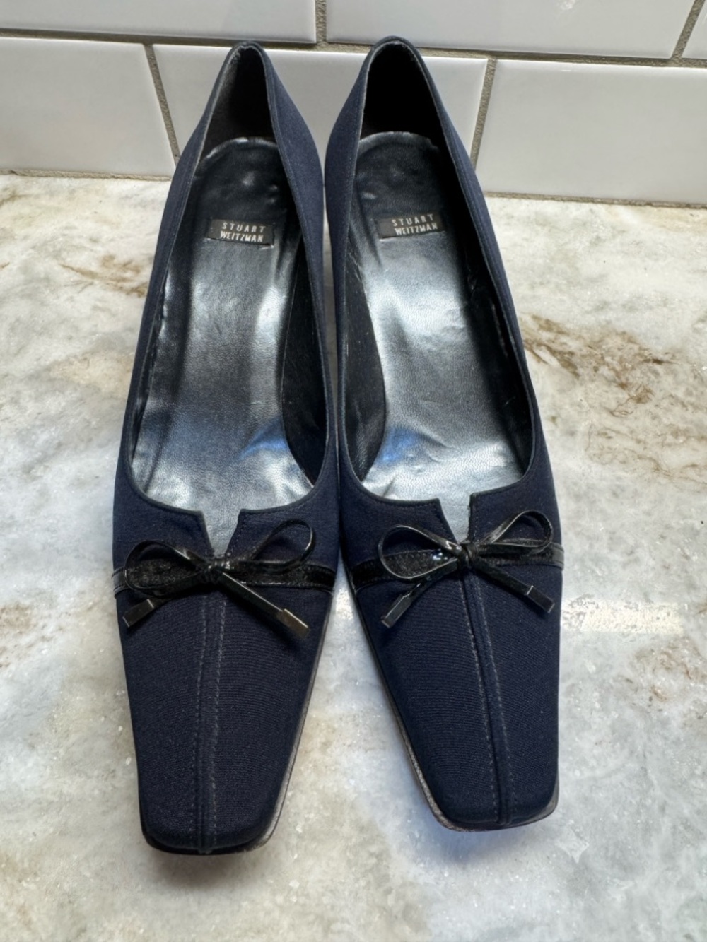 Stuart Weitzman Navy Bow Square-Toe Flats